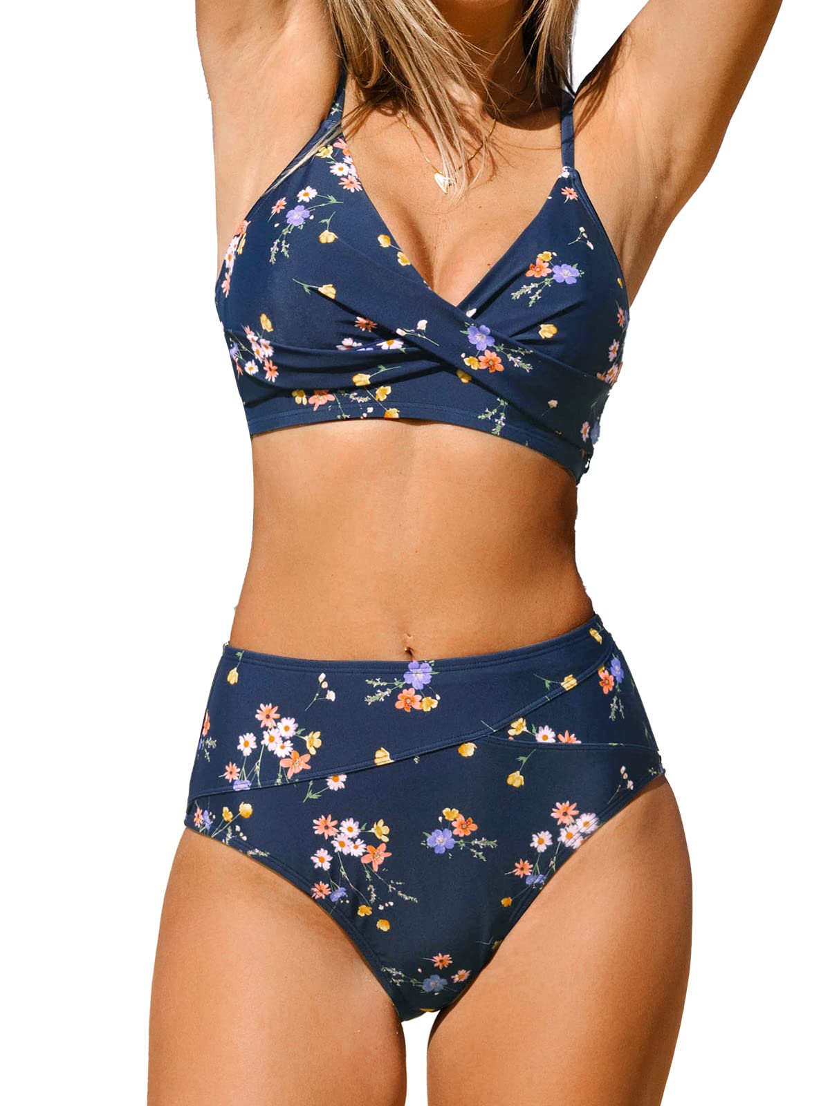 Women's High Waisted Bikini Set - V Neck Twist Front Two Piece Swimsuit with Adjustable Straps