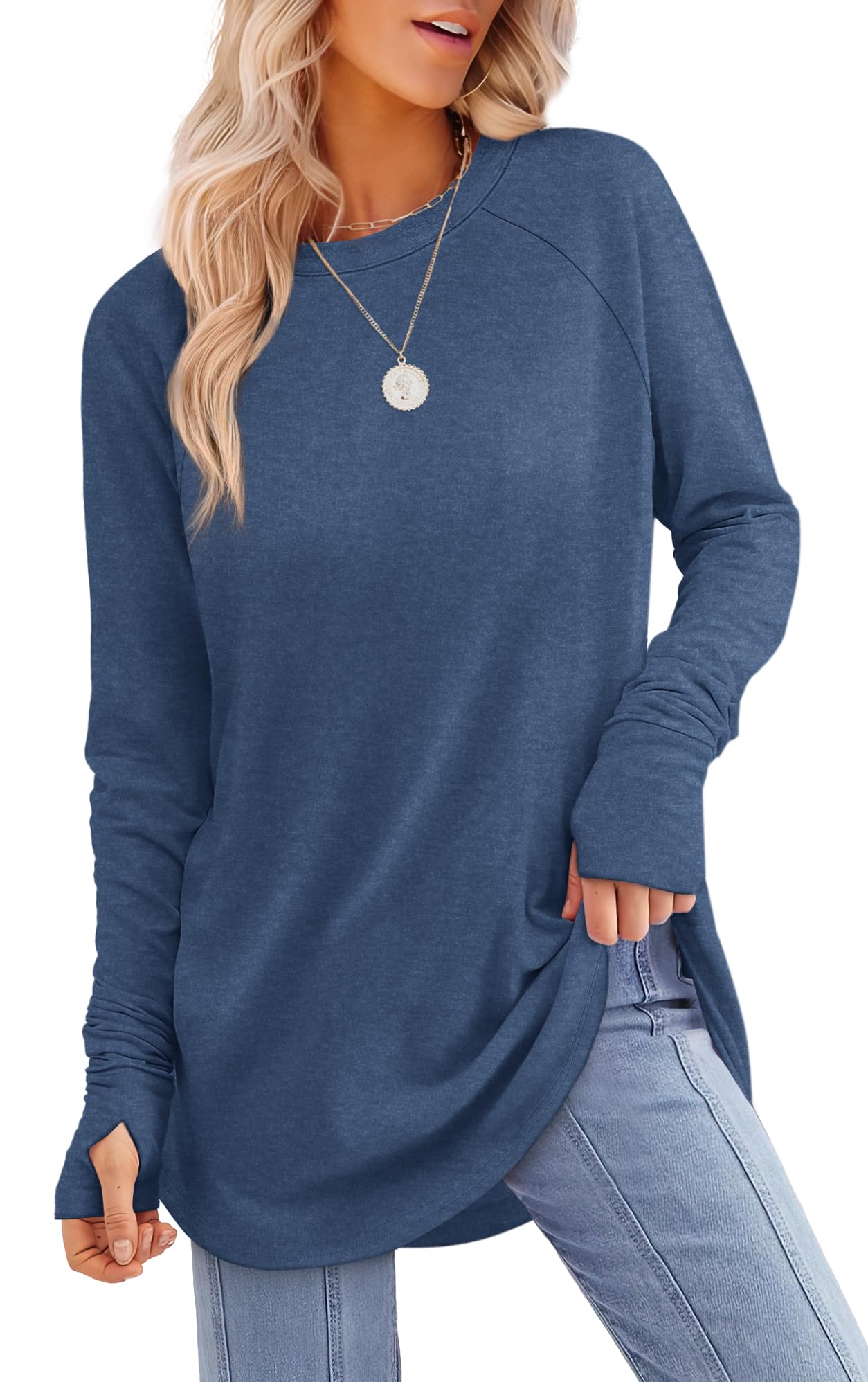 Tunic Top with Thumb Holes for Women - Long Sleeve Shirt with Curved Hem I-blue