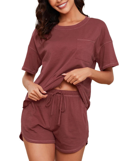 Women's Cotton Pajama Set - Short Sleeve Top and Shorts Sleepwear Lounge Set Dark Purple Red