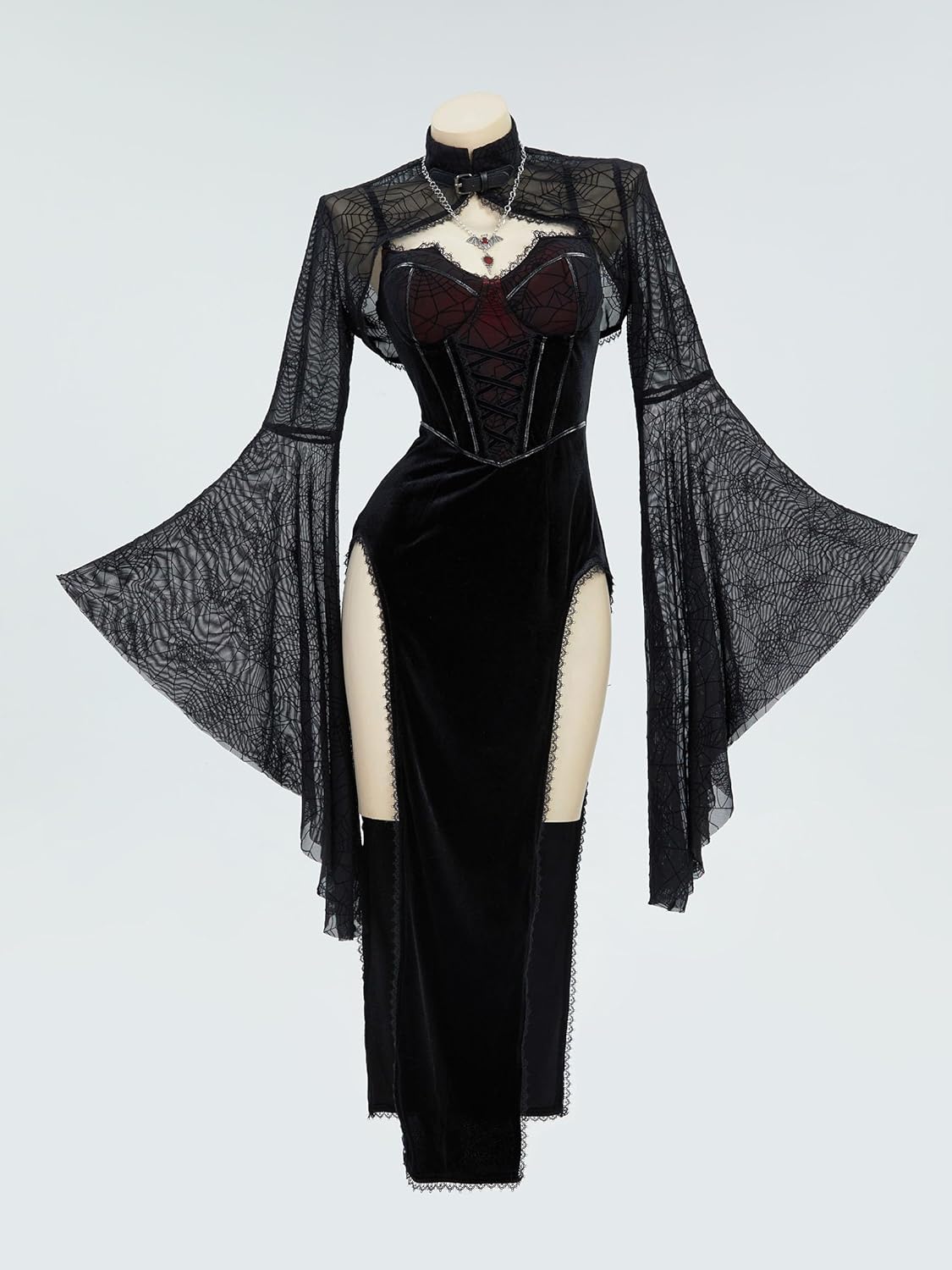 Gothic Vampire Costume - Women's Bodycon Dress with Spiderweb Cloak and Accessories