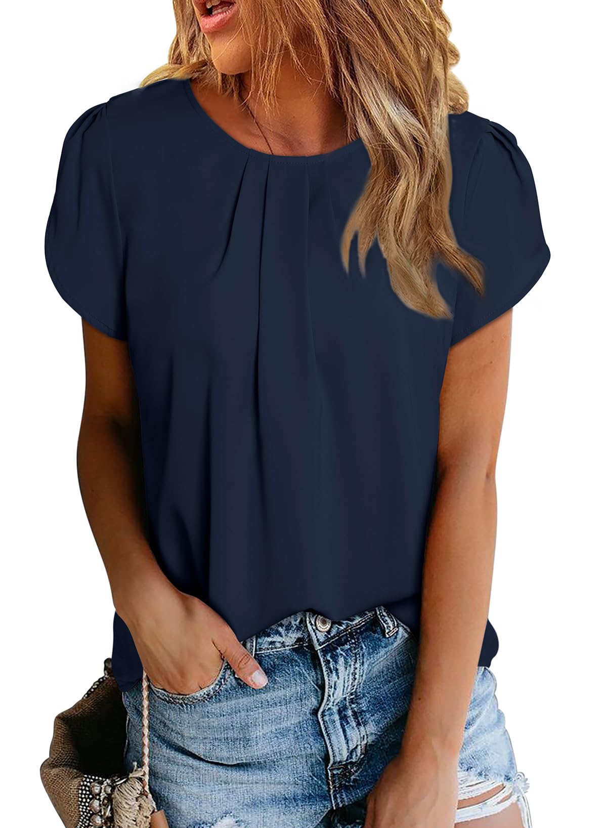Polyester Blouses - Women's Chiffon Blouse Short Sleeve Pleated Top with Keyhole Back Detail
