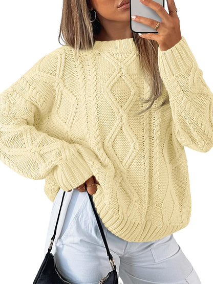 Women's Oversized Cable Knit Crewneck Sweaters - Cozy Fall Pullover Creamy Corn