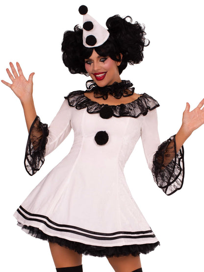 Pierrot Clown Costume - 3 Piece Women's Halloween Outfit with Dress