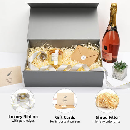 Gift Boxes with Lids 2 Pack - Magnetic Closure with Ribbon, Card, Filler & Sticker