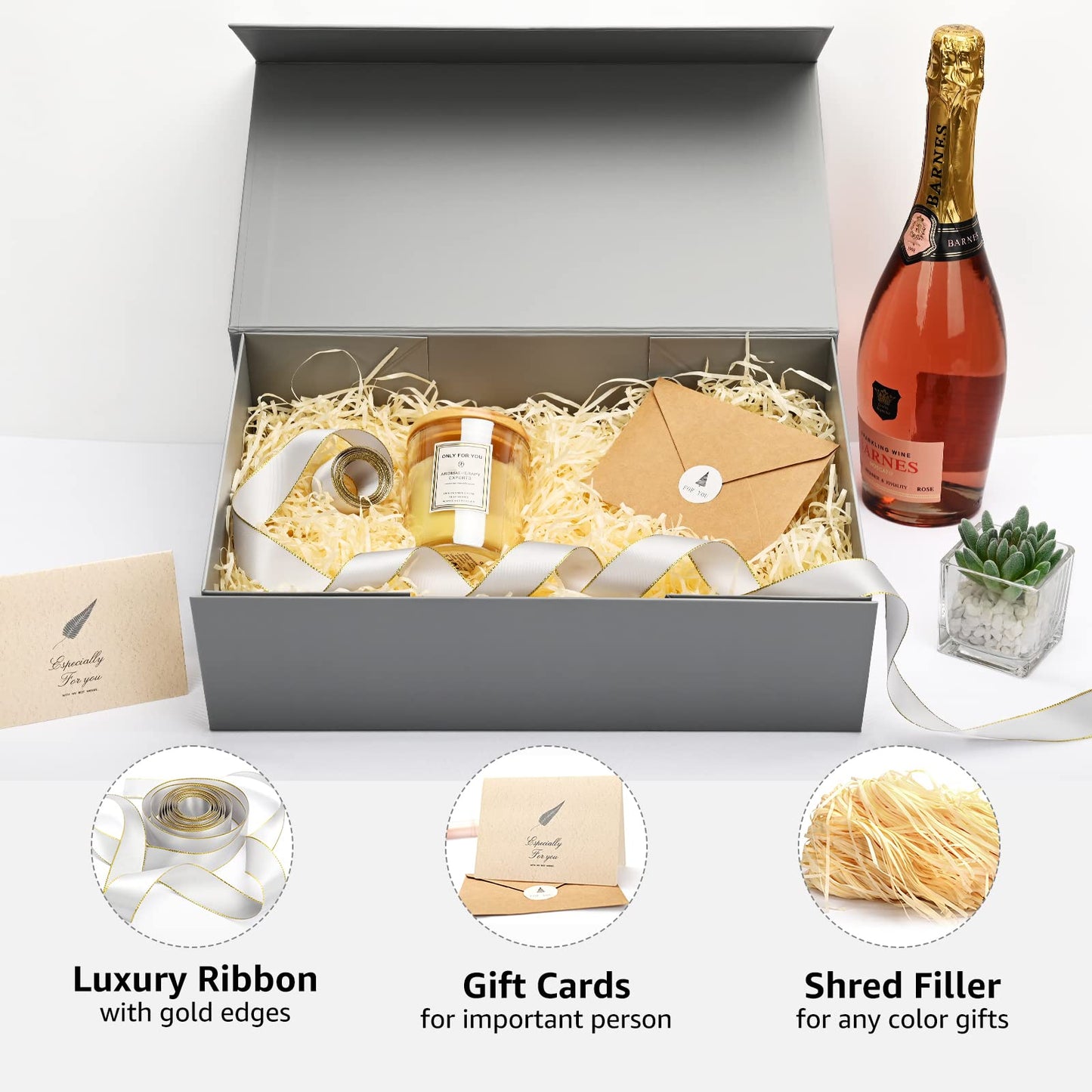 Gift Boxes with Lids 2 Pack - Magnetic Closure with Ribbon, Card, Filler & Sticker