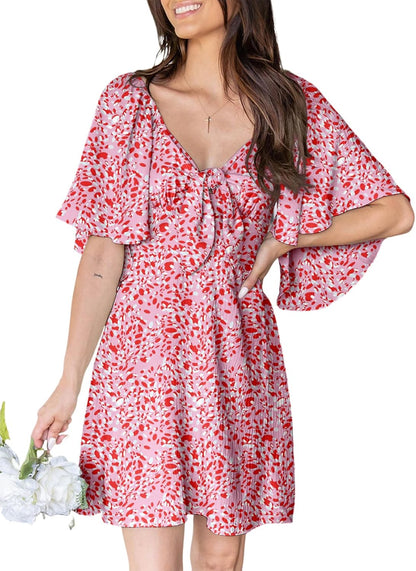 Women's Deep V-Neck Mini Dress with Bow Tie - Elegant Summer Fall Outfit