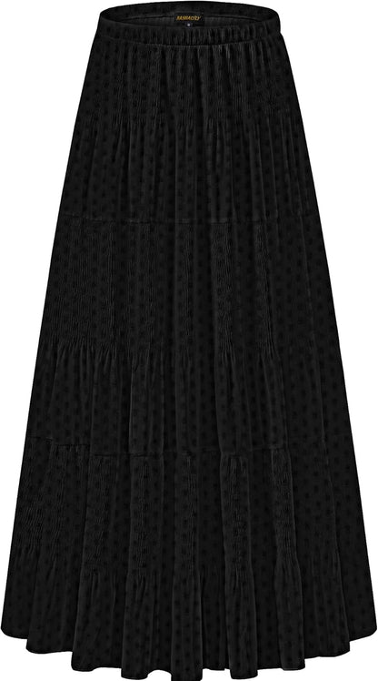 Chiffon Maxi Skirt for Women - High Waist Pleated A-Line Flared Long Skirt X-Large Black Dot