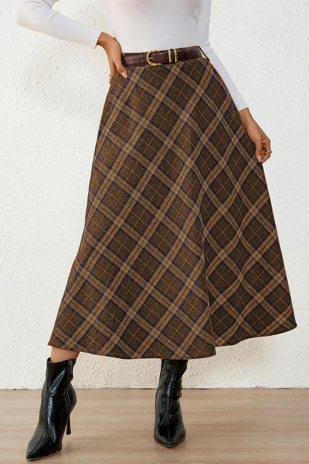 Women's Plaid Skirts - High Waist A-Line Midi Tartan Skirt with Pockets