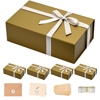 Gift Boxes with Lids 2 Pack - Magnetic Closure with Ribbon, Card, Filler & Sticker 1 Count (Pack of 5) Cyan Gold