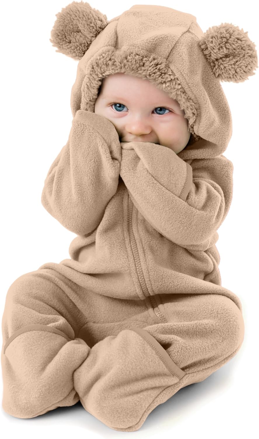 Fleece Baby Bunting with Hood - Convertible Mittens & Booties for Newborn & Infant Bear - Light Brown