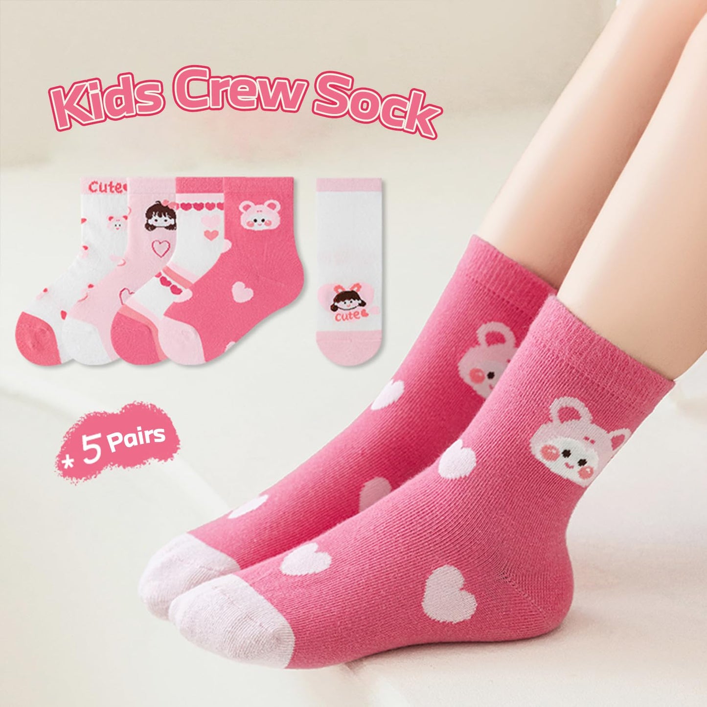 Girls Cotton Crew Socks 5 Pack - Cartoon Bunny Animal Socks for Kids Ages 2-12