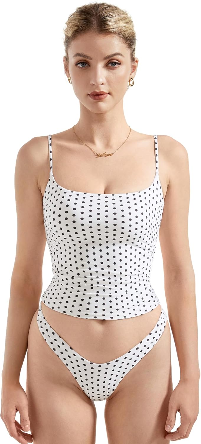 Women Square Neck Tank Top - Summer Cami with Adjustable Straps White Polka Dots