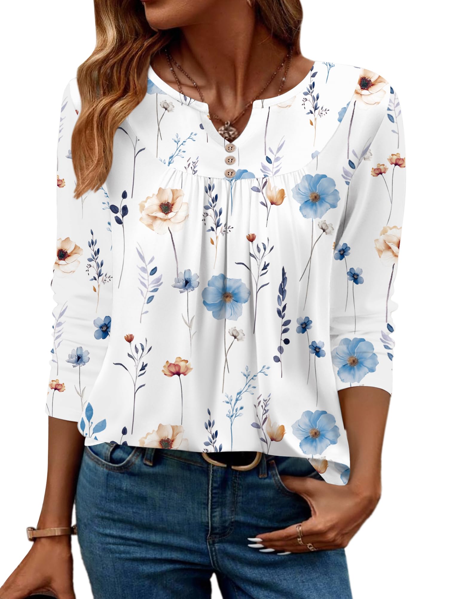 Women Long Sleeve V Neck Blouse - Casual Dressy Work Tunic Top with Pleated Detail 2025 A01-white Print