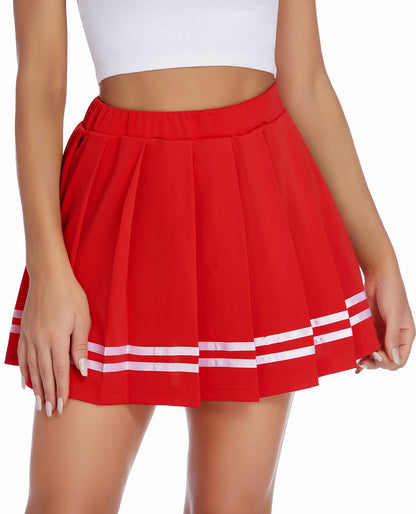 Women's Pleated Mini Skirt - High Waisted School Uniform Cheer Skirt with Elastic Waistband Red