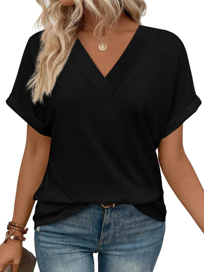 Womens Summer Tops V Neck Short Sleeve Shirts Casual Dolman Sleeve Fashion Blouse 1-black