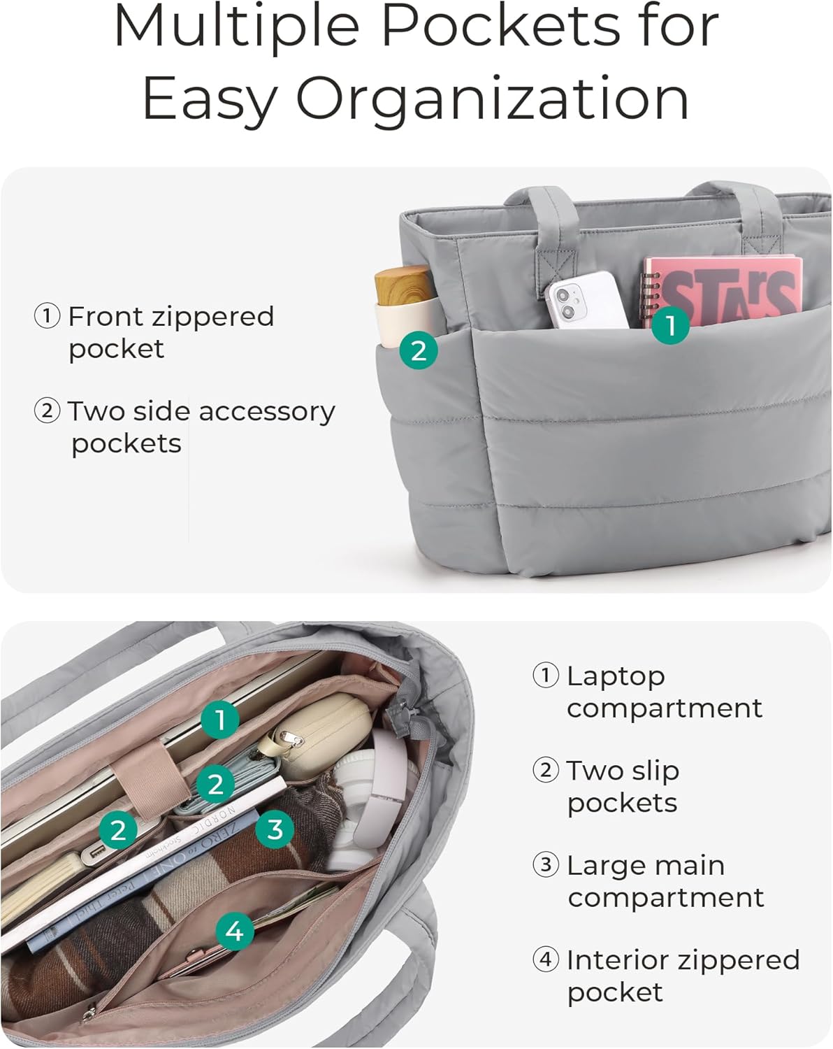 Women's Quilted Tote Bag Lightweight Puffy Shoulder Bag with Compartments