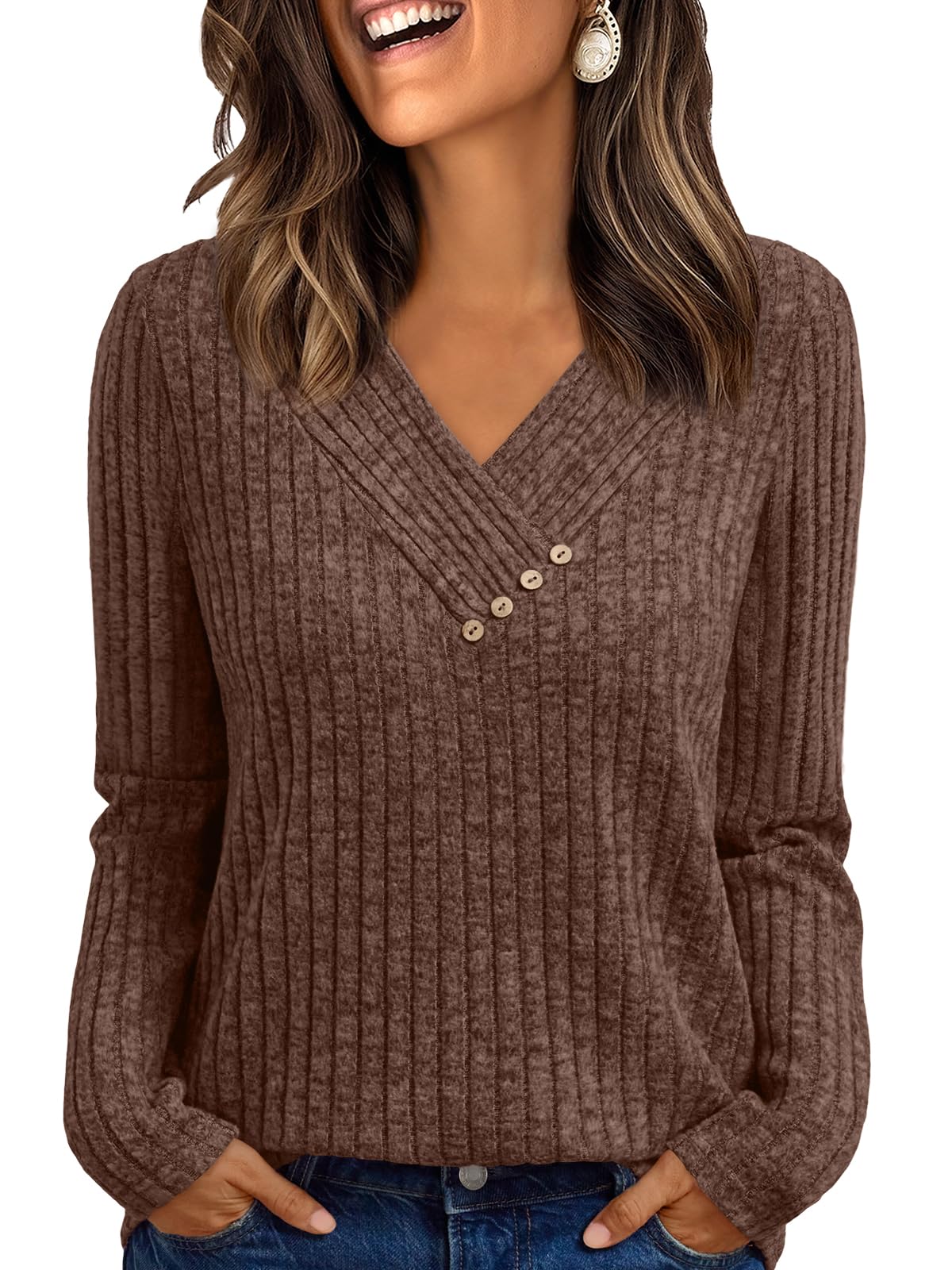 Women's Long Sleeve V Neck Tunic Tops - Dressy Casual Work Blouse Sweater