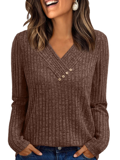 Women's Long Sleeve V Neck Tunic Tops - Dressy Casual Work Blouse Sweater Chocolate Brown