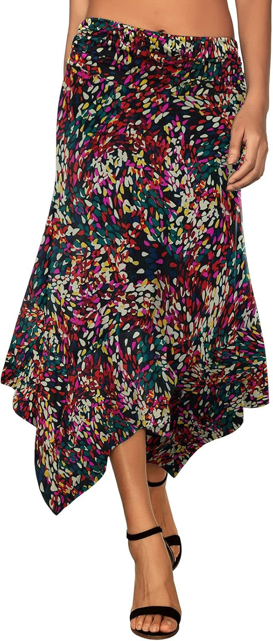 Women's Flowy Handkerchief Hemline Midi Skirt - Elastic Waist Asymmetrical Hem