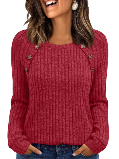 Women's Long Sleeve Tops - Fall Lightweight Sweaters with Shoulder Buttons Red