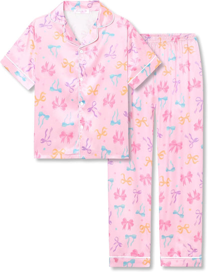 Girls Satin Pajama Set - Silky Button Down PJ with Shorts Size 6-16 16 Pink & Colour Bows (Short Sleeve & Pants)