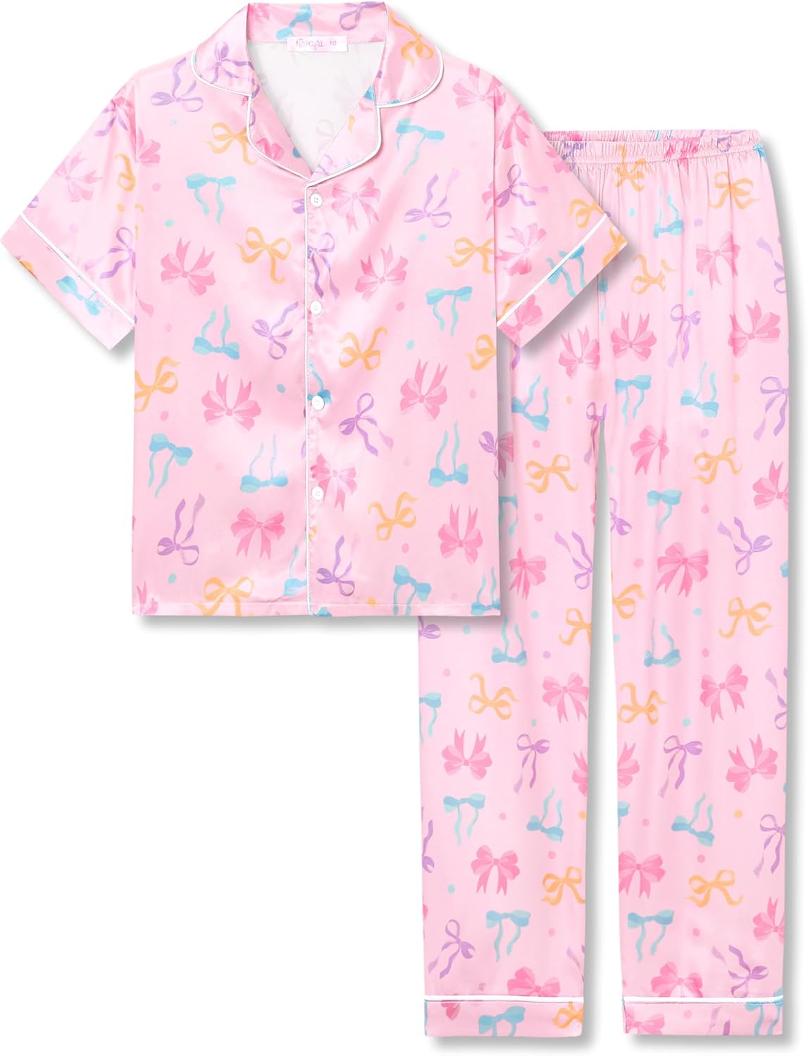 Girls Satin Pajama Set - Silky Button Down PJ with Shorts Size 6-16 16 Pink & Colour Bows (Short Sleeve & Pants)