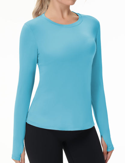 Women's UPF 50+ Sun Protection Long Sleeve Shirt - Athletic Rash Guard with Thumb Holes Thumb Hole: Azure Blue