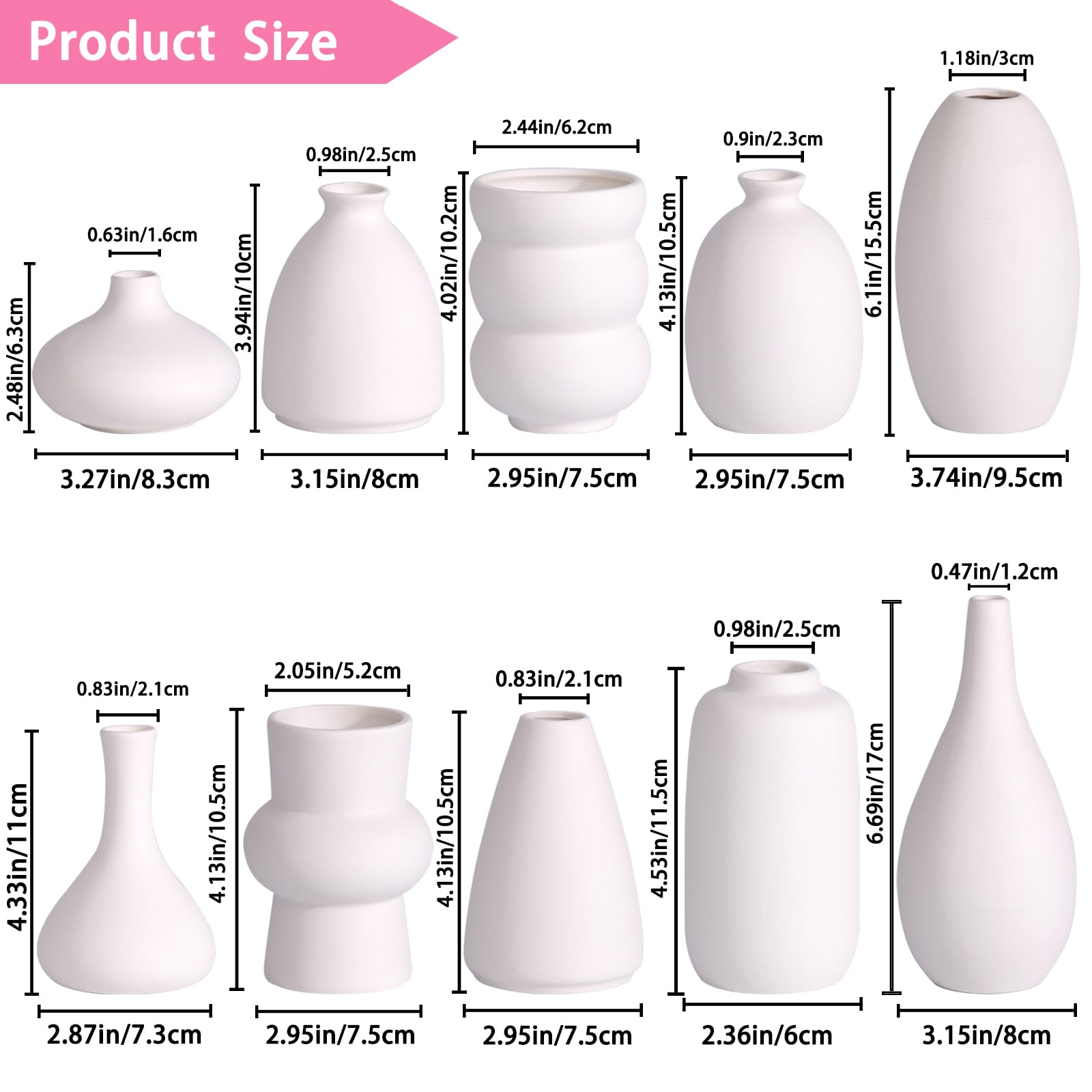 White Ceramic Bud Vases Set of 10 - 5 Inch Small Mini Vases for Flowers Centerpieces Decor