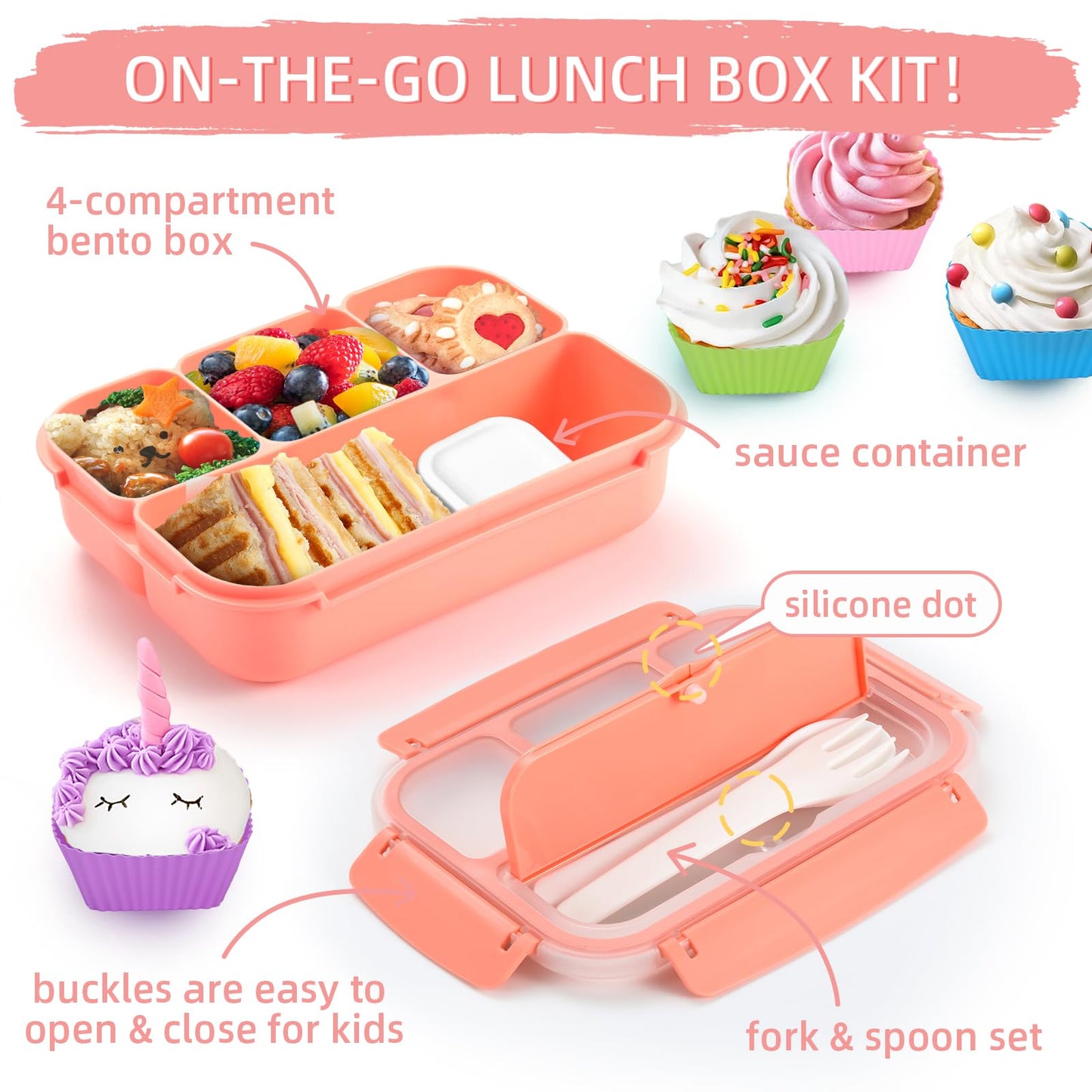 Bento Lunch Box for Kids - 4 Compartment Leak-Proof School Lunch Container with Utensils Purple