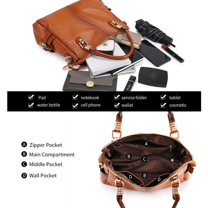 Women Genuine Leather Handbag - Soft Satchel Tote Shoulder Bag with Adjustable Strap
