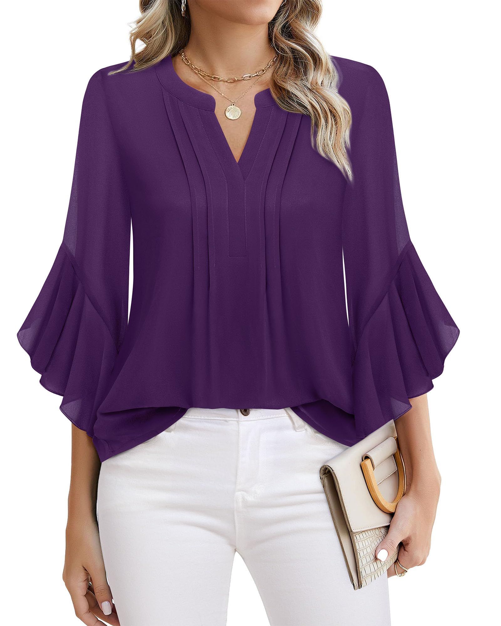 Beautiful Blouses For Ladies - Women's 3/4 Sleeve Chiffon Blouse Dressy Business Casual Work Shirt