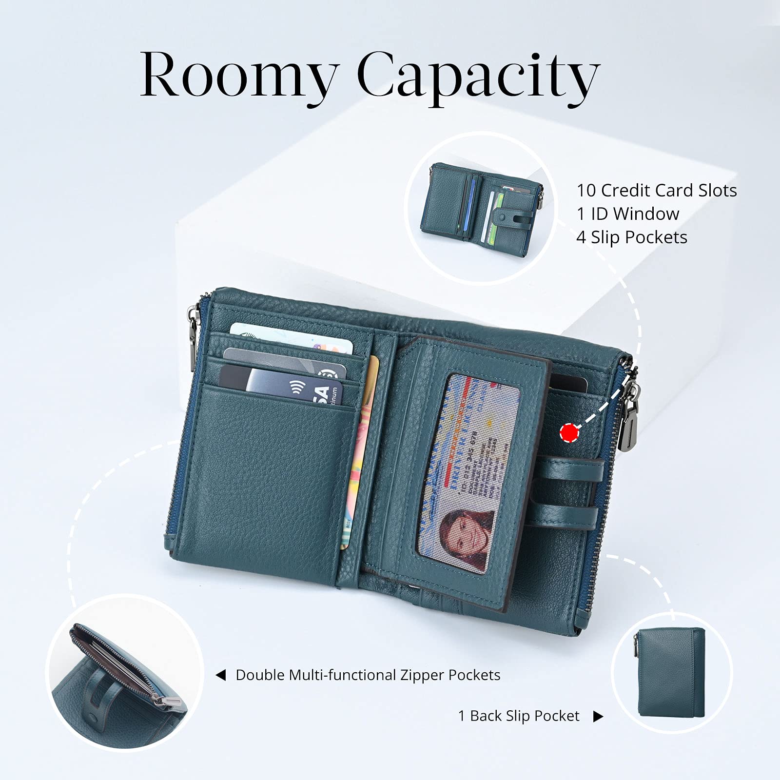 Women Leather Wallet - Small RFID Blocking Card Holder with Double Zipper