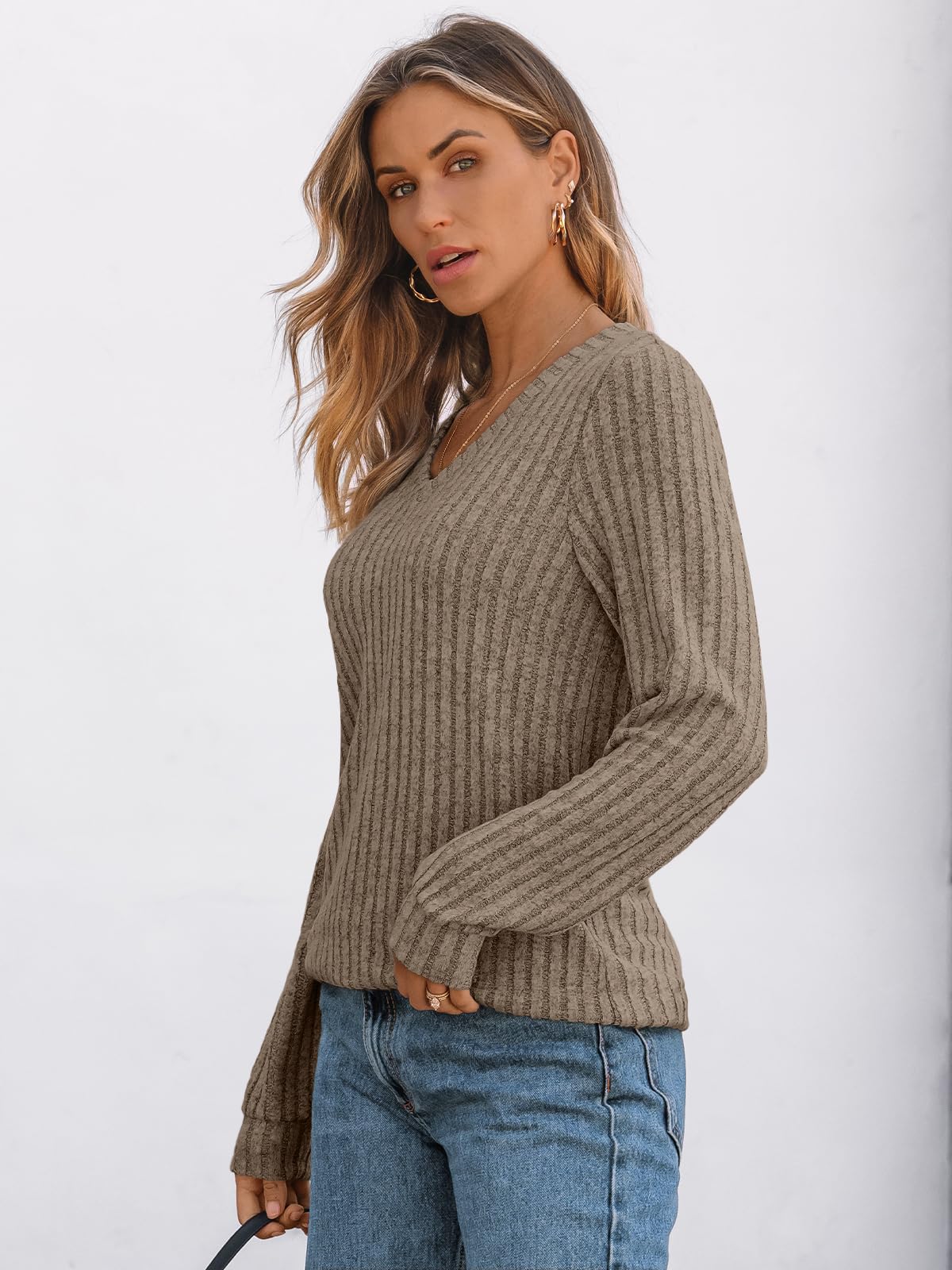 V Neck Long Sleeve Sweater for Women - Loose Fit Tunic Top for Fall & Winter