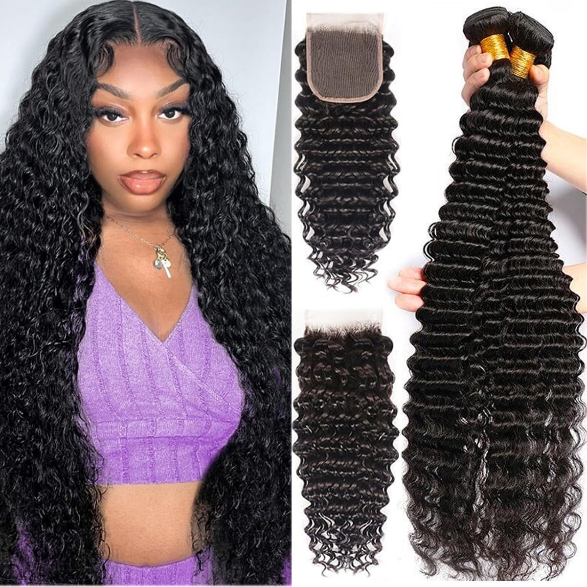 Brazilian Virgin Hair Bundles Deep Wave Human Hair Extensions Deep Wave Bundles with Closure