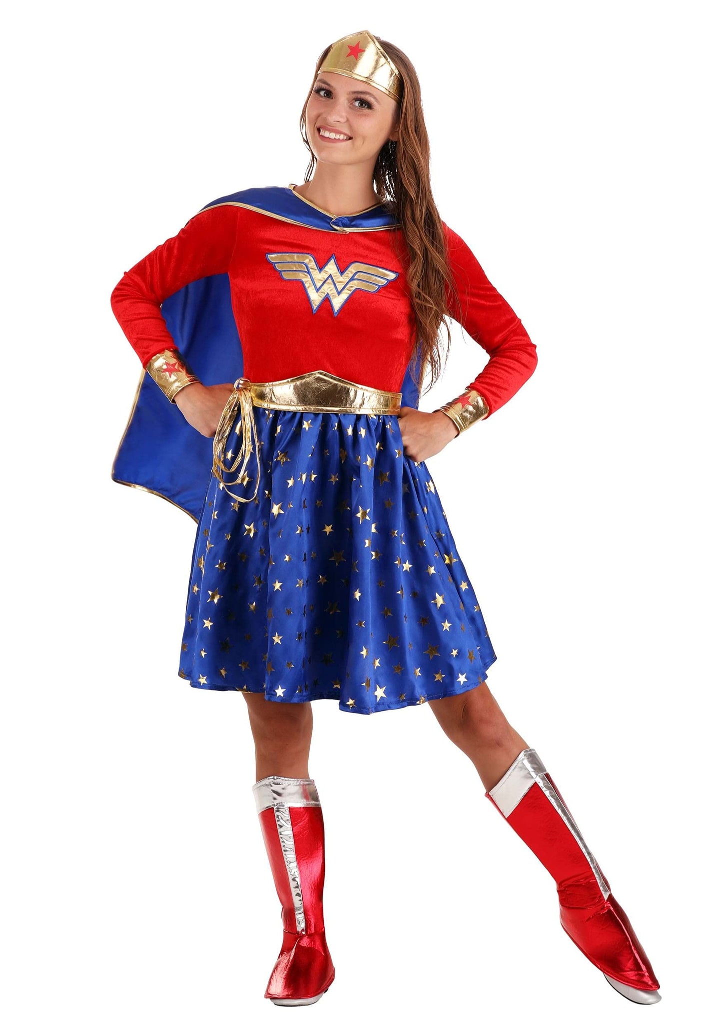 Wonder Woman Costume - Women's Long Sleeve Dress with Cape and Accessories Small