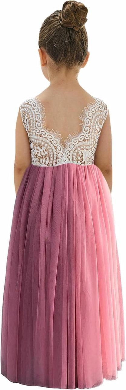 Girls Tulle Flower Girl Dress - Lace Back A-Line Party Dress