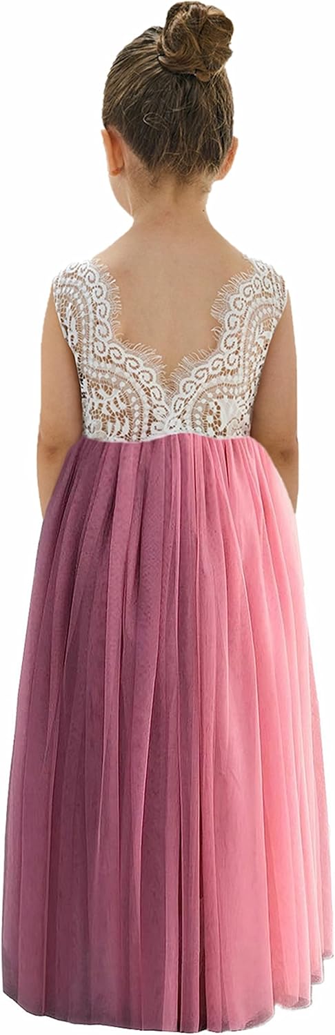 Girls Tulle Flower Girl Dress - Lace Back A-Line Party Dress