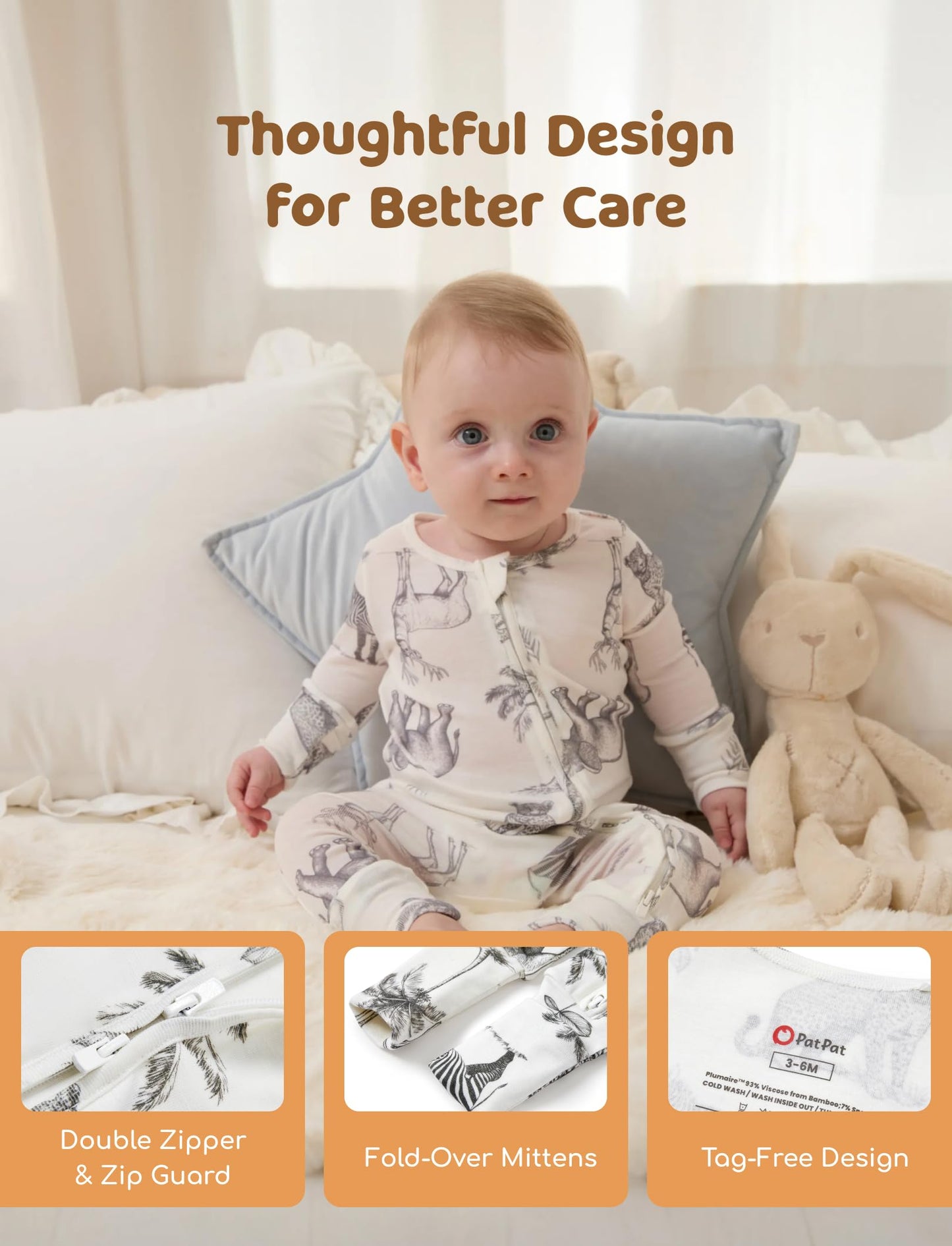 PATPAT Baby Footie Pajamas - Premium Tencel Lyocell & Wool Romper with 2-Way Zipper