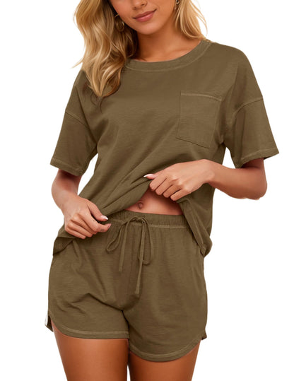 Women's Cotton Pajama Set - Short Sleeve Top and Shorts Sleepwear Lounge Set Khaki
