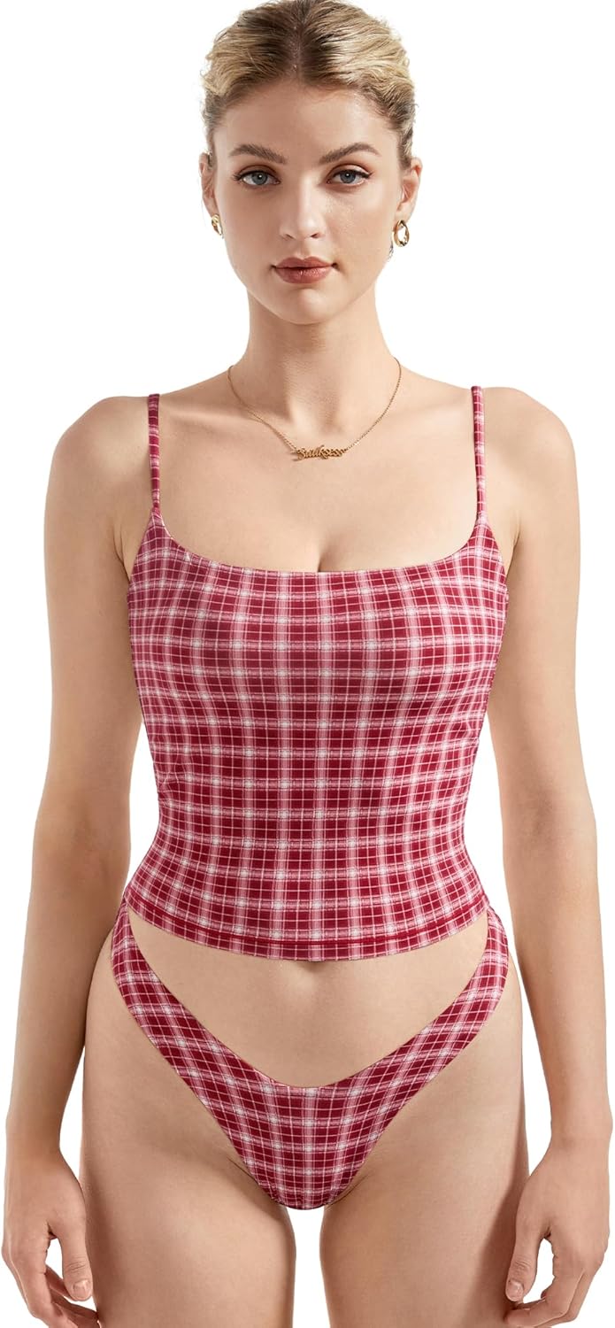 Women Square Neck Tank Top - Summer Cami with Adjustable Straps Red Plaid