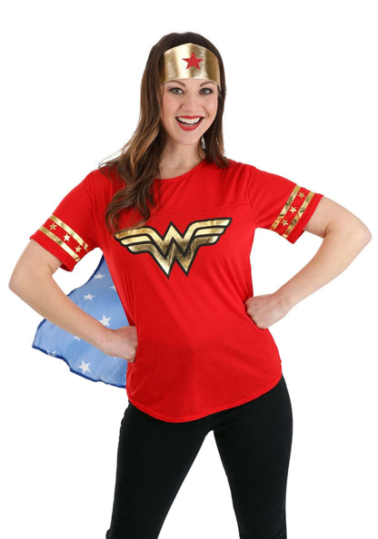 Women's Wonder Woman Costume - Superhero T-Shirt with Cape and Crown Wonder Woman Costume - Red
