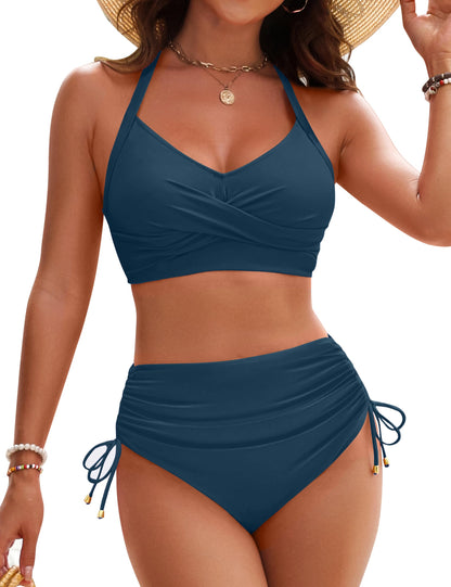Women's High Waisted Bikini Set - Tummy Control Swimsuit with Crisscross Back