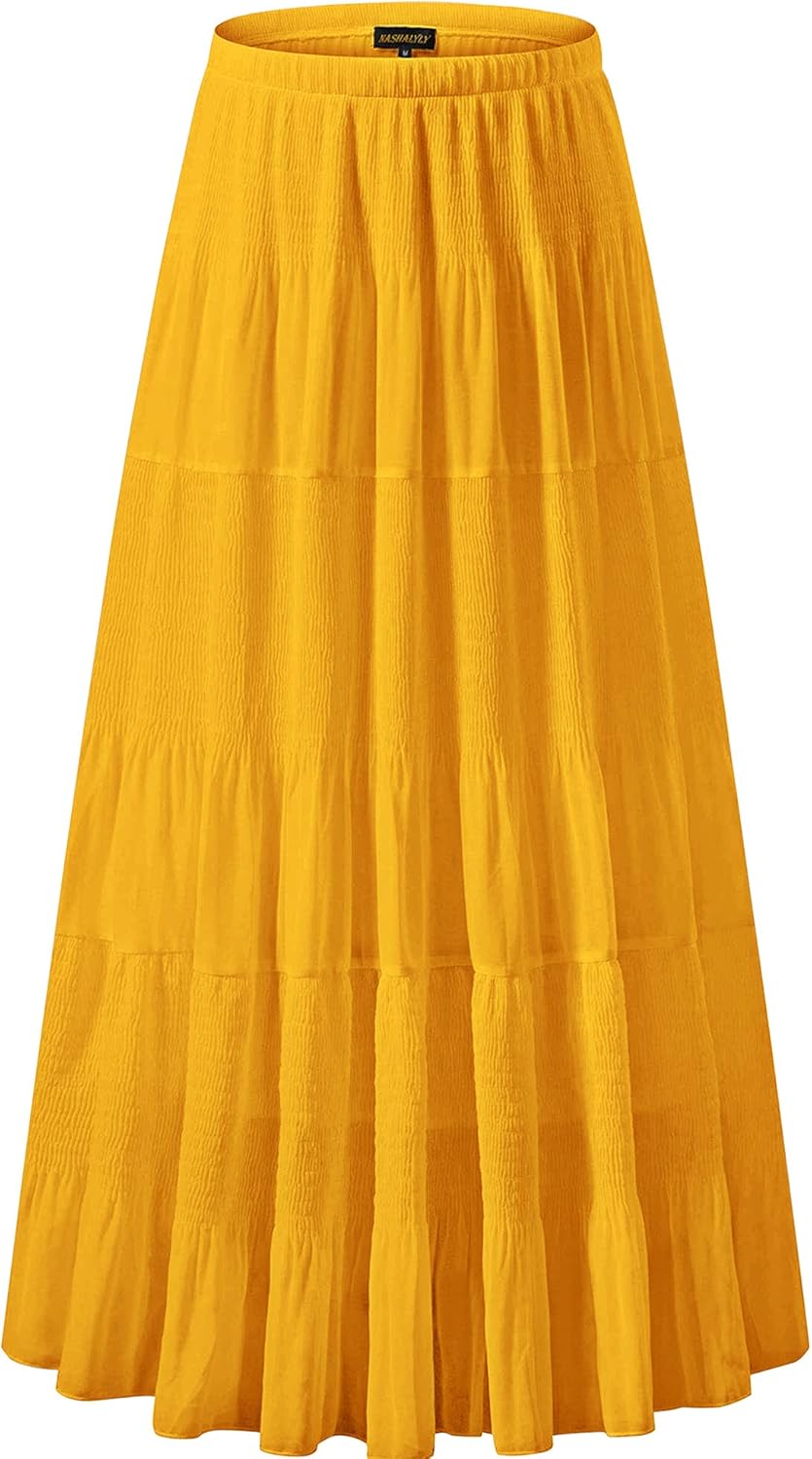 Chiffon Maxi Skirt for Women - High Waist Pleated A-Line Flared Long Skirt Small Mustard Yellow