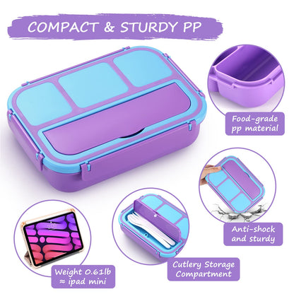 Bento Lunch Box for Kids - 4 Compartment Leak-Proof School Lunch Container with Utensils Purple