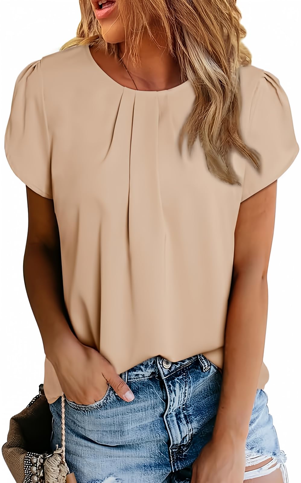 Polyester Blouses - Women's Chiffon Blouse Short Sleeve Pleated Top with Keyhole Back Detail