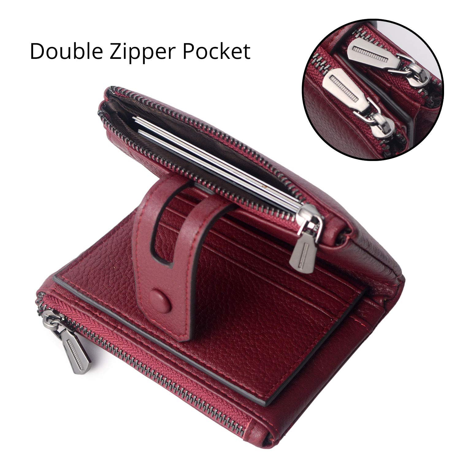 Women Leather Wallet - Small RFID Blocking Card Holder with Double Zipper