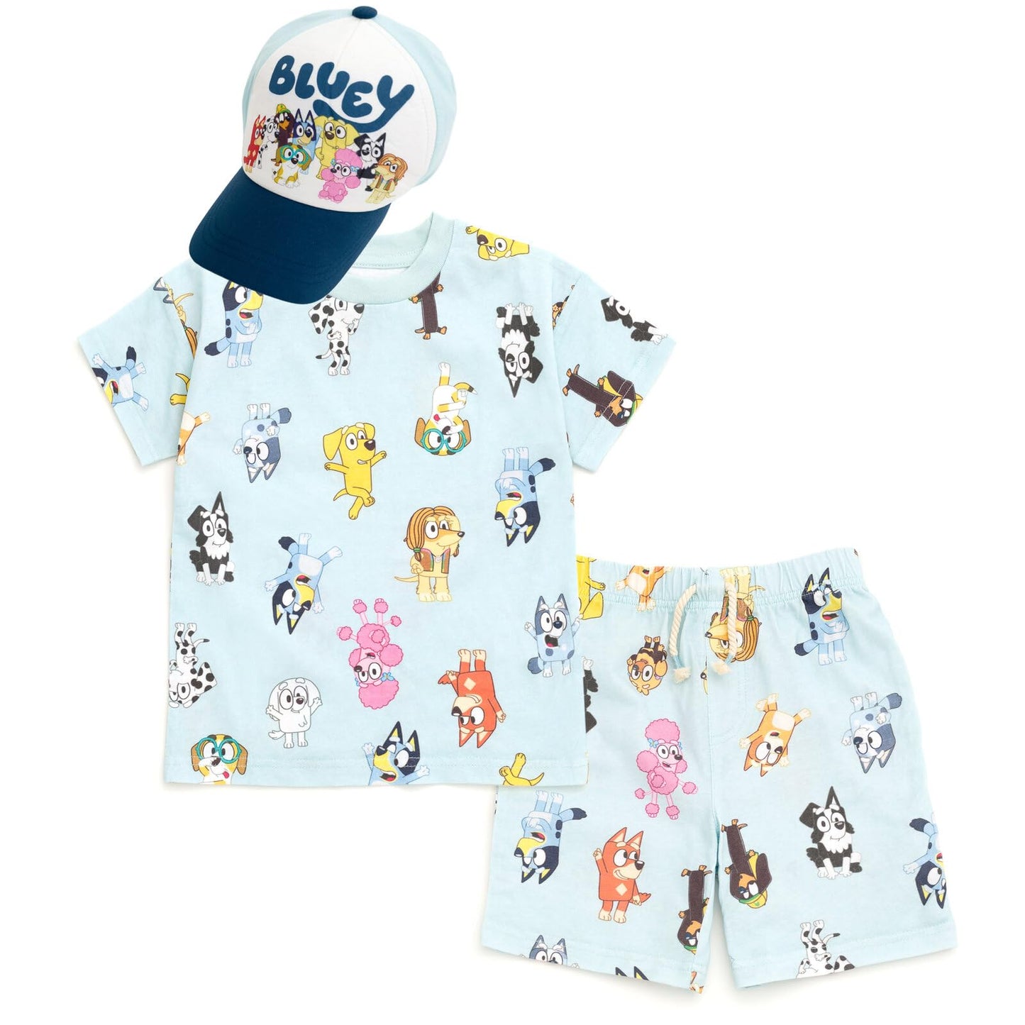 Bluey 3-Piece Kids Outfit Set - T-Shirt, Shorts & Baseball Cap for Toddlers to Big Kids Bluey & Friends