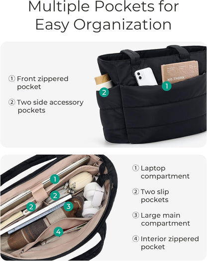 Women's Quilted Tote Bag Lightweight Puffy Shoulder Bag with Compartments