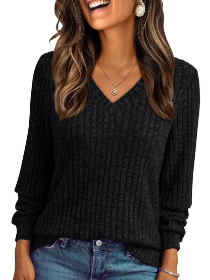 V Neck Long Sleeve Sweater for Women - Loose Fit Tunic Top for Fall & Winter