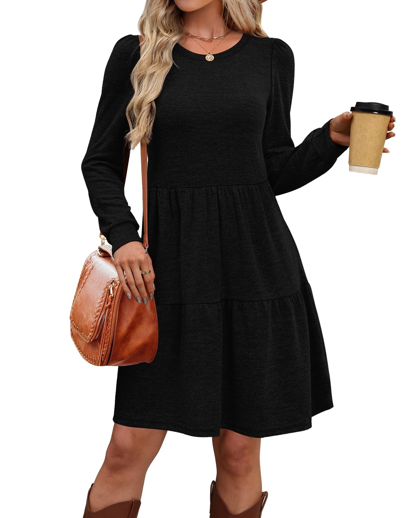 Women's Long Sleeve Fall Dresses with Pockets - Crew Neck Babydoll Casual Dress